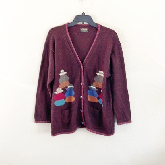 Women's Burgundy Cardigan with Colorful Accents - Picture 1 of 10